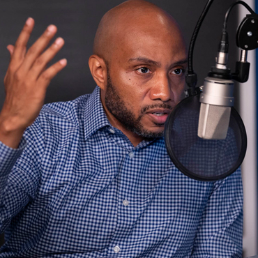 Dominic Purviance at the recording of a podcast episode.