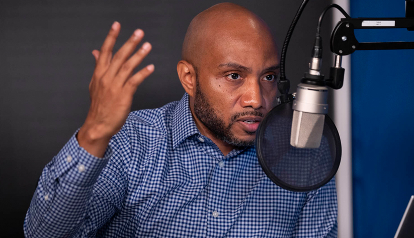 Dominic Purviance at the recording of a podcast episode.