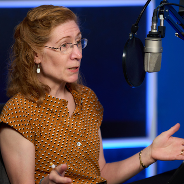 photo of the Atlanta Fed's Julie Hotchkiss at the recording of a podcast episode. Photo by Stephen Nowland