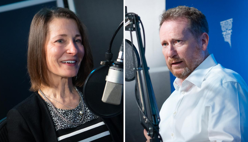 Portraits of podcast interviewees, Adrienne Slack and Chris Oakley, both of the Atlanta Fed. Photo by Stephen Nowland