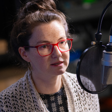 Photo of Sarah Stein during the recording of the podcast episode. Photo by Stephen Nowland.