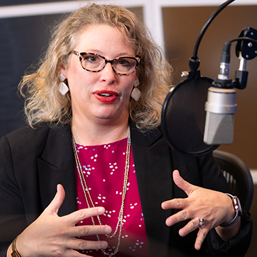 Photo of Jackie Morgan during the recording of the podcast episode. Photo by Stephen Nowland.