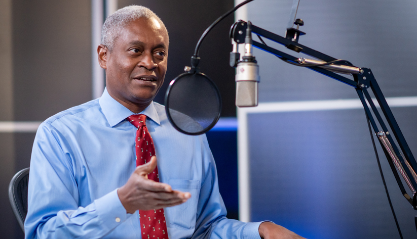 Photo of Raphael Bostic during the recording of the podcast episode. Photo by Stephen Nowland.
