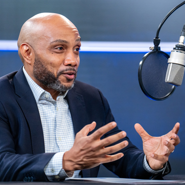 Photo of Domonic Purviance during the recording of the podcast episode. Photo by Stephen Nowland.