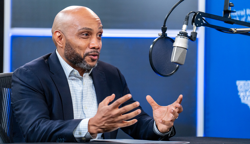 Photo of Domonic Purviance during the recording of the podcast episode. Photo by Stephen Nowland.