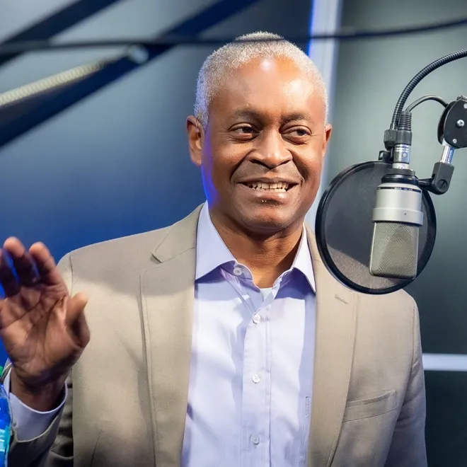 The Atlanta Fed's President Raphael Bostic during the recording of a podcast episode. Photo by Stephen Nowland.