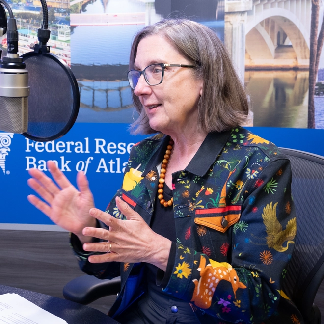 The Atlanta Fed's Claire Greene during the recording of a podcast episode. Photo by Stephen Nowland.