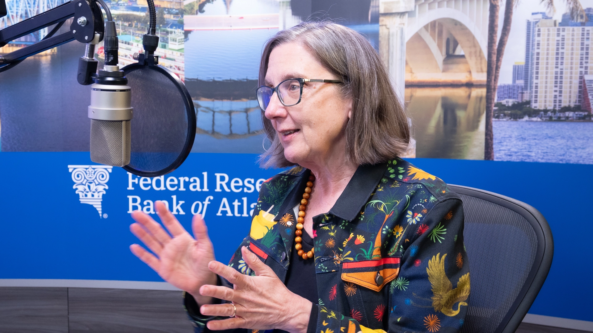 The Atlanta Fed's Claire Greene during the recording of a podcast episode. Photo by Stephen Nowland.