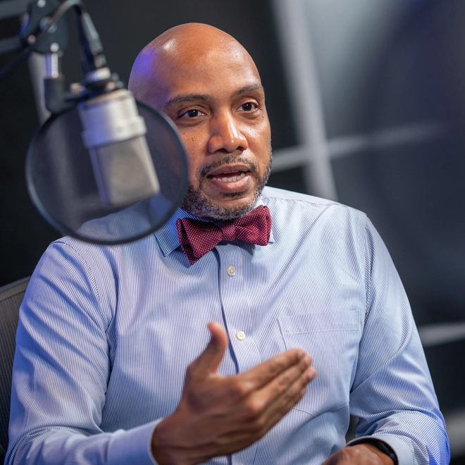 The Atlanta Fed's Domonic Purviance during the recording of a podcast episode. Photo by Stephen Nowland.