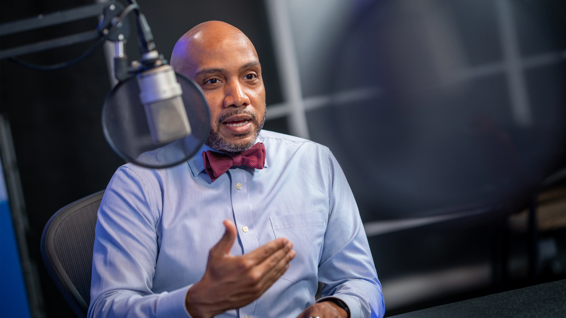 The Atlanta Fed's Domonic Purviance during the recording of a podcast episode. Photo by Stephen Nowland.
