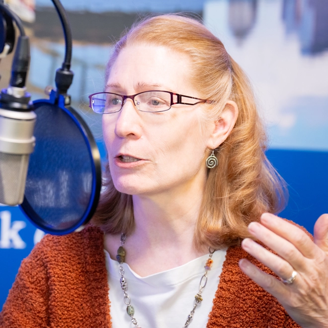The Atlanta Fed's Julie Hotchkiss during the recording of a podcast episode. Photo by Stephen Nowland.