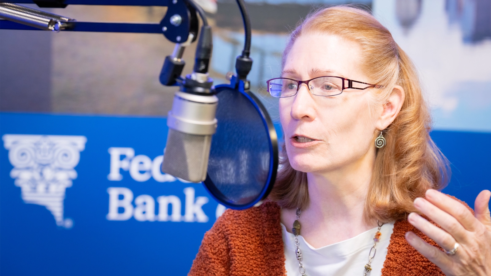 The Atlanta Fed's Julie Hotchkiss during the recording of a podcast episode. Photo by Stephen Nowland.