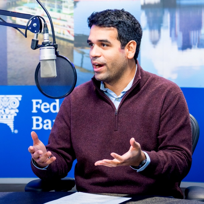The Atlanta Fed's Michael Navarette during the recording of a podcast episode. Photo by Stephen Nowland.