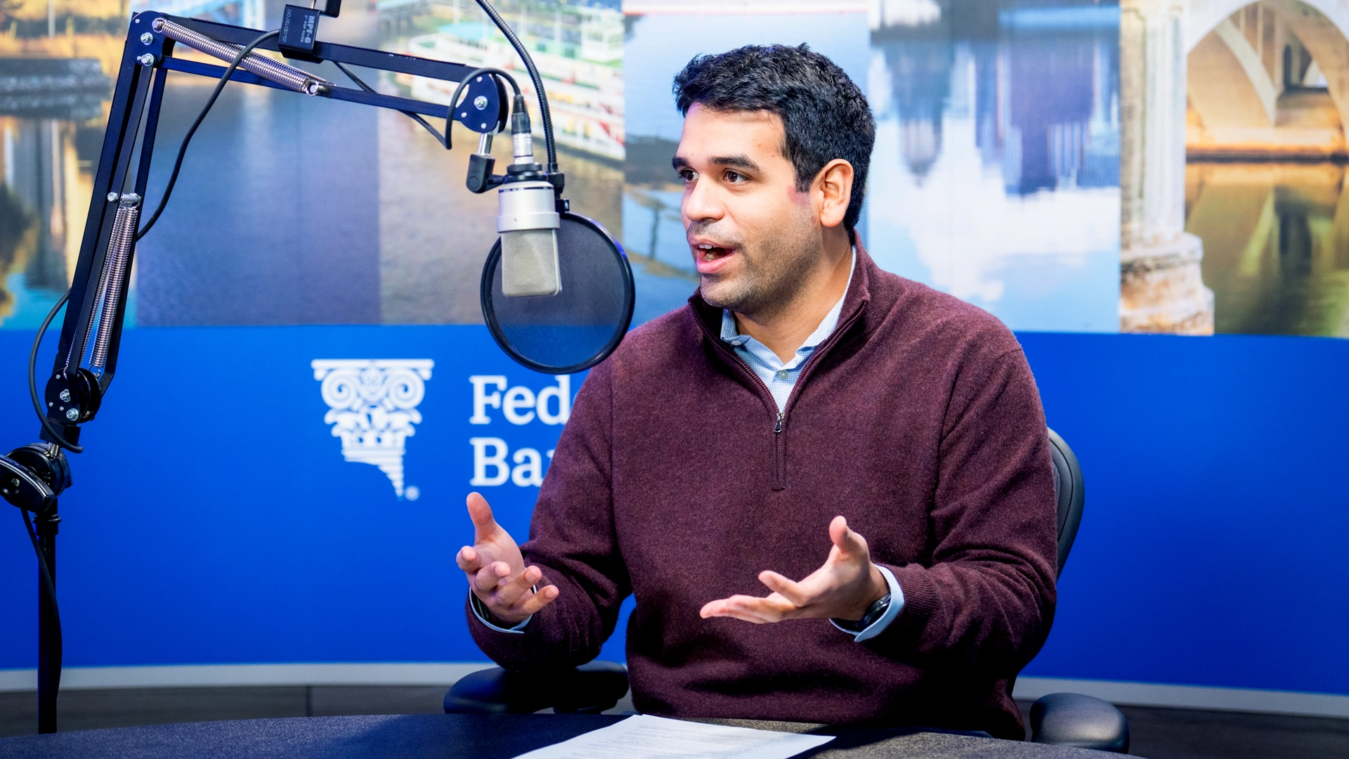 The Atlanta Fed's Michael Navarette during the recording of a podcast episode. Photo by Stephen Nowland.