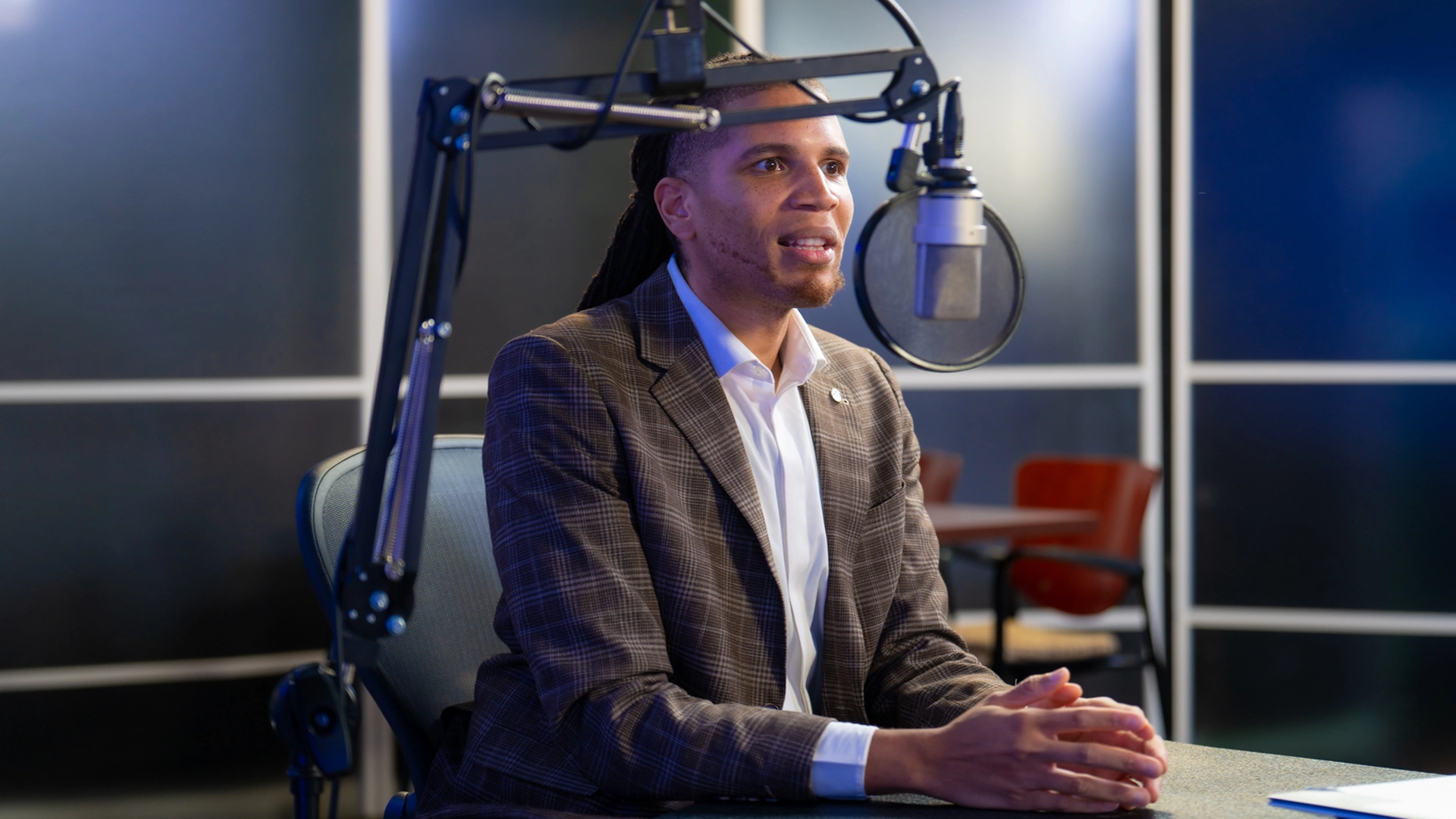The Atlanta Fed's Dontá Council during the recording of a podcast episode. Photo by Stephen Nowland.