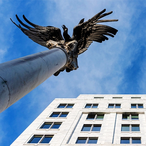 close up image of the eagle on the exterior of the bank