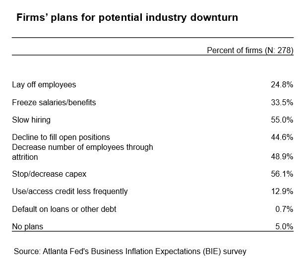 Business Inflation Expectations - September 2024 - Table 6: Firms' plans for potential industry downturn