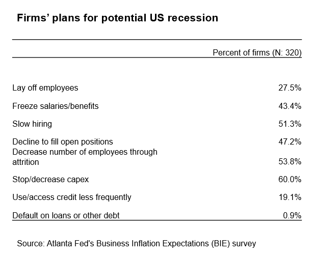 Business Inflation Expectations - September 2024 - Table 8: Firms' plans for potential US recession