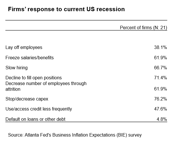 Business Inflation Expectations - September 2024 - Table 9: Firms' response to current US recession