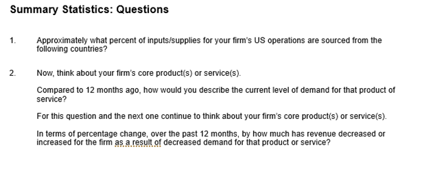 Business Inflation Expectations - August 2025 - Summary Statistics: Questions