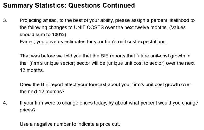 Business Inflation Expectations - October 2025 - Summary Statistics: Questions