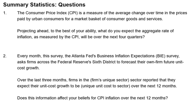 Business Inflation Expectations - October 2025 - Summary Statistics: Questions