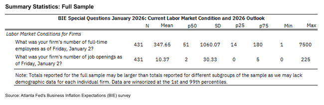 Business Inflation Expectations - January 2026 - Summary Statistics: Full Sample