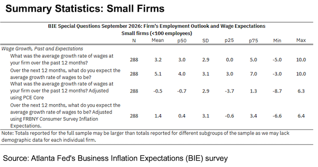 Business Inflation Expectations - September 2026 - Summary Statistics: Small Sample