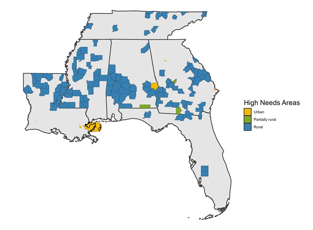 Map 1: High Needs Health Professional Shortage Areas in the Southeast by Rural Status