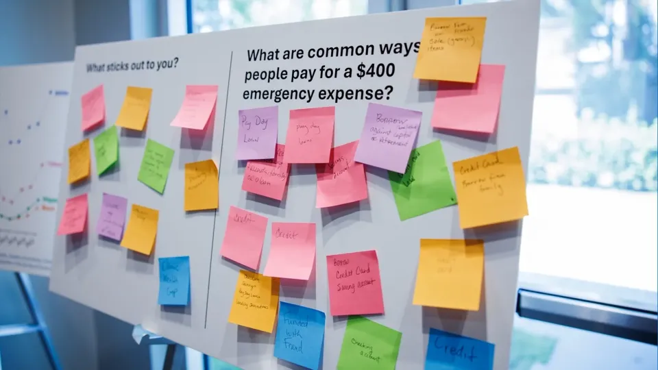 A poster board covered in multi-color sticky notes. There is a prompt printed on the board and the notes are answers submitted by participants.