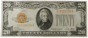 $20 1928 US gold certificate