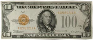 $100 1928 US gold certificate