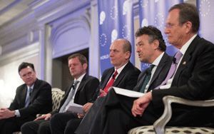 Dennis Lockhart moderating a discussion among the Ambassadors from the Visegrad Group countries at a World Affairs Council of Atlanta event.