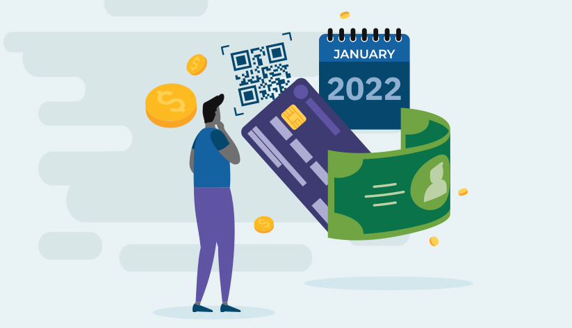 person gazing upon a swirl of a qr code, payment card, dollar bill, coins, and january 2022 calendar