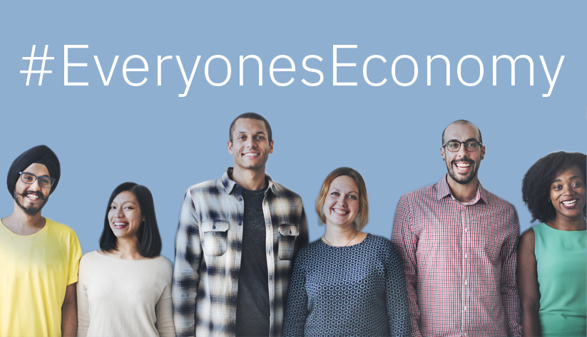 photograph of a line of smiling people, with the tagline "Everyone's Economy"