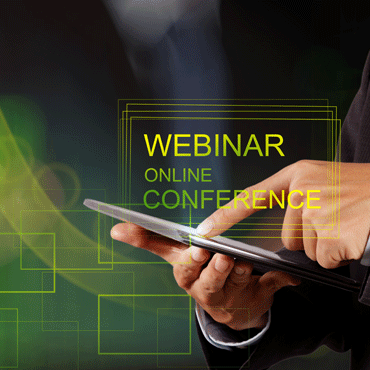 a person touching a mobile phone screen with the words 'webinar; online business conference' just above the phone 