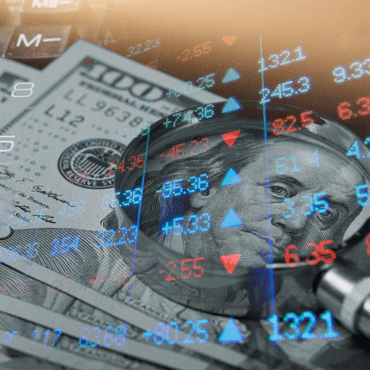 transparent stock exchange electronic board overlaying stack of $100 dollar bills
