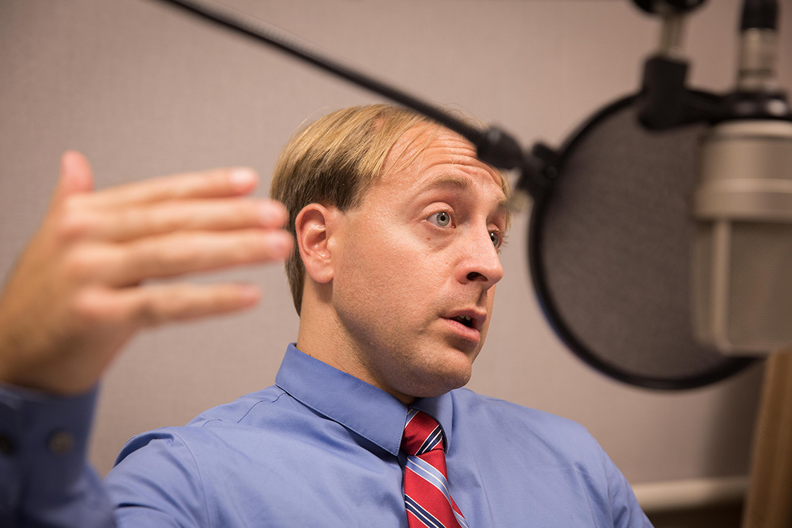 Economist Kris Gerardi at the recording of a podcast episode.